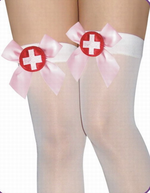 Nylon Naughty Nurse Transparent Thigh Highs with Satin Bow and Embroidered Badge